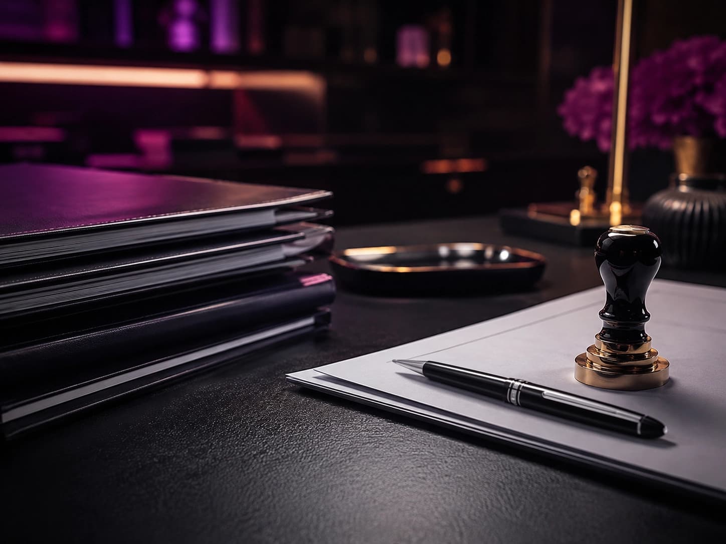 Notary documents and stamp prepared for a mobile notary appointment